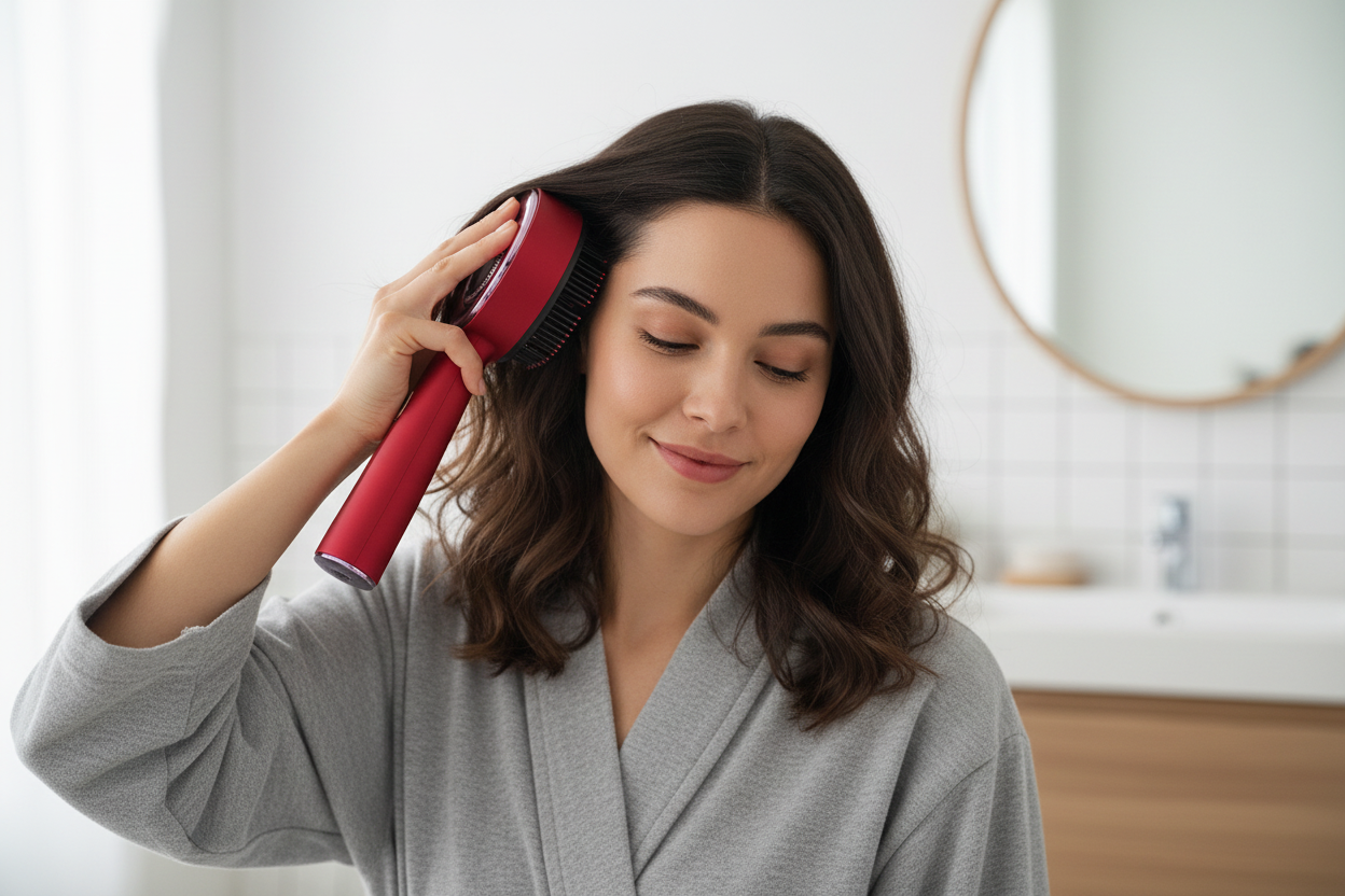 Mujer usando masajeador capilar rojo